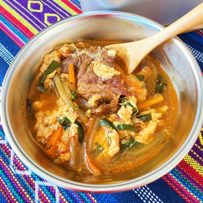 BBQの残り肉で!ユッケジャンスープ