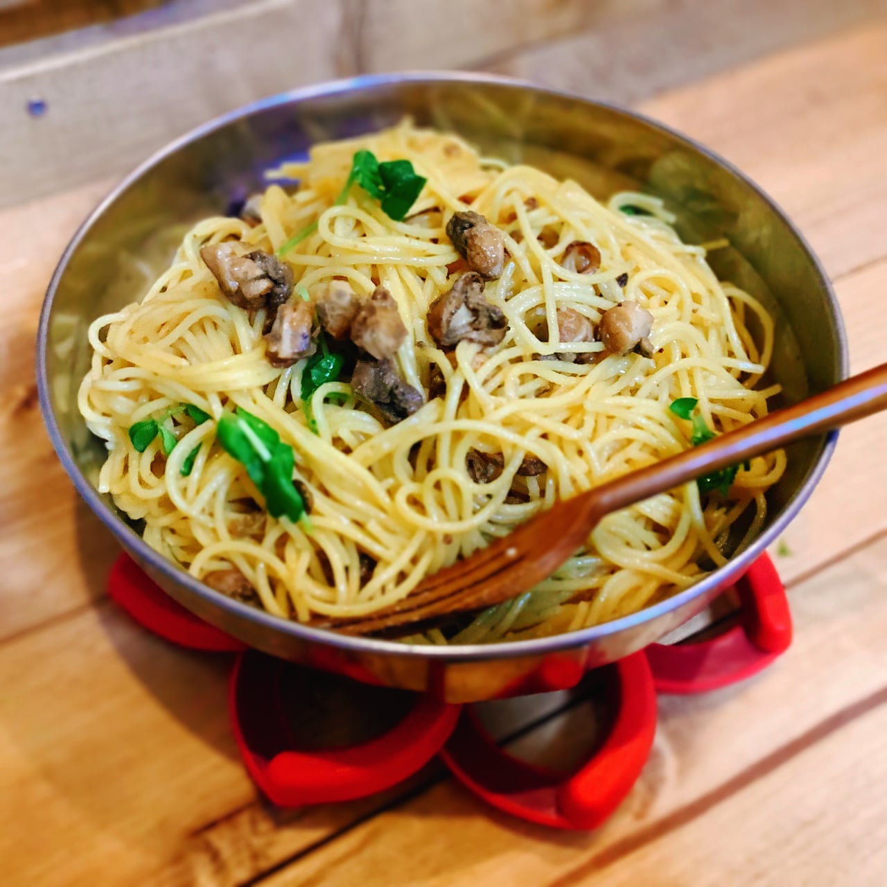 スモークホタテとガリバタ醤油の水漬けパスタ